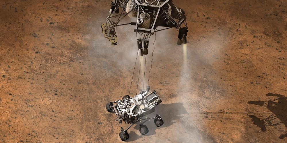 Artistieke imprerssie van de landing van de Marsrover Curiosity