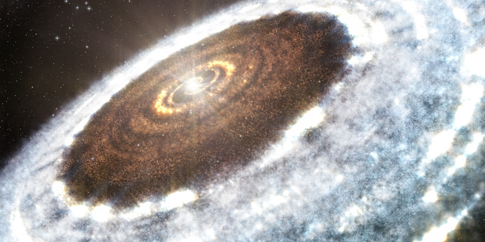 Deze artist’s impression toont de sneeuwgrens van water rond de jonge ster V883 Orionis, zoals gedetecteerd met ALMA.