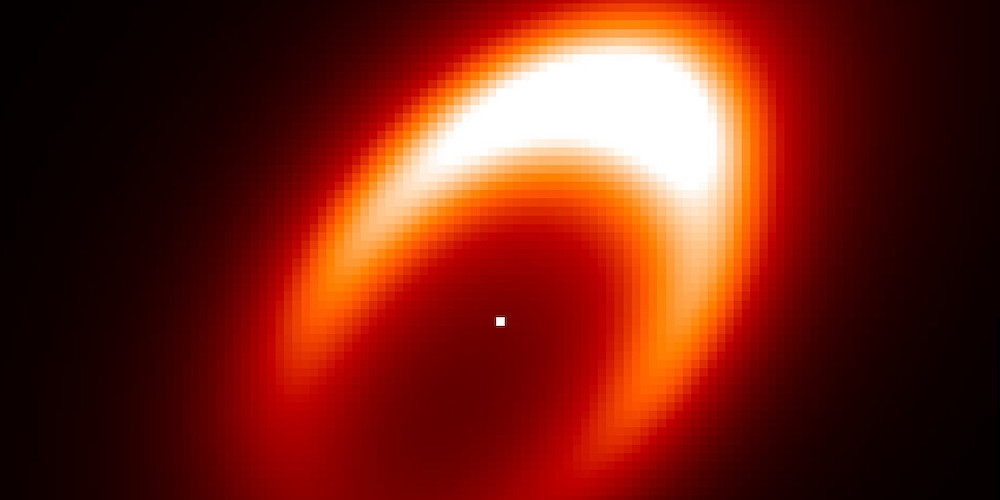Een schematische weergave van de wervelwind rondom de mogelijke exoplaneet-in-wording rond de ster HD 163296 . De felgele vlek rechtsboven duidt op een gebied met warm stof en gruis waar waarschijnlijk een planeet gevormd wordt.