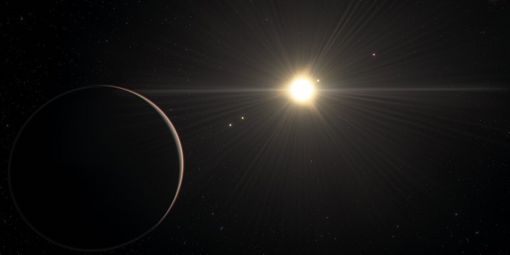 Deze artistieke impressie toont het uitzicht vanaf de planeet in het TOI-178-stelsel die zich het verst van de ster bevindt.