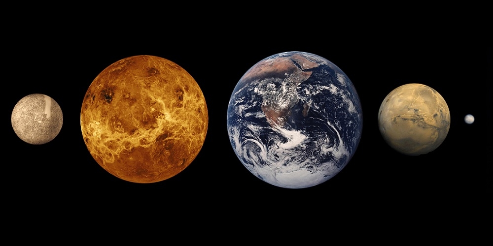 De vier terrestrische planeten, Mercurius, Venus, de Aarde en Mars
