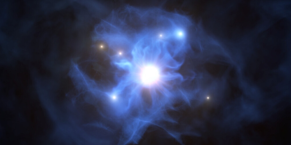 Met behulp van ESO’s Very Large Telescope (VLT) hebben astronomen zes sterrenstelsels ontdekt rond een superzwaar zwart gat dat al bestond toen het heelal nog geen miljard jaar oud was. Deze artist’s impression toont het centrale zwarte gat en de sterrenstelsels die in diens gasweb verstrikt zitten.