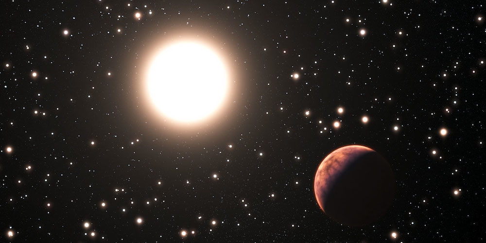 Deze artistieke impressie toont een van de drie pas ontdekte planeten in de sterrenhoop Messier 67