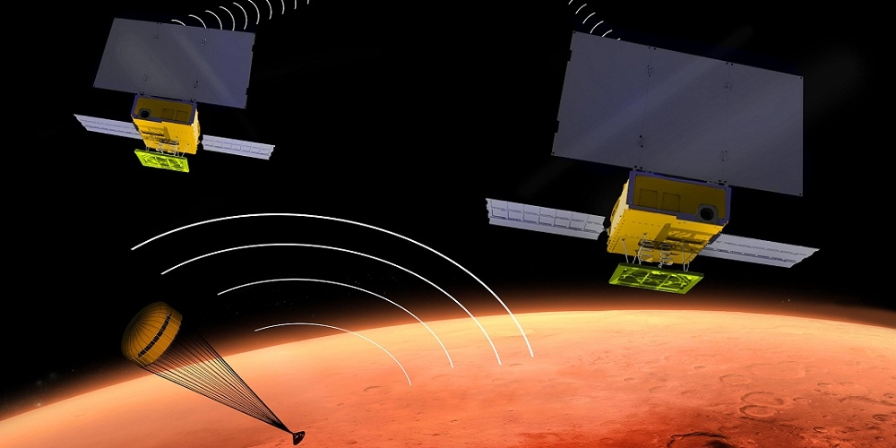 Artistieke impressie van de twee CubeSats die met InSight mee gaan reizen naar de planeet Mars