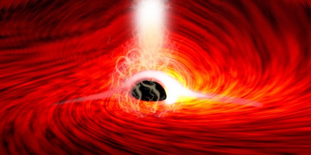 Illustratie van een zwart gat dat een röntgenflits uitzendt vanuit zijn corona, die vervolgens door de accretieschijf rondom wordt weerkaatst.