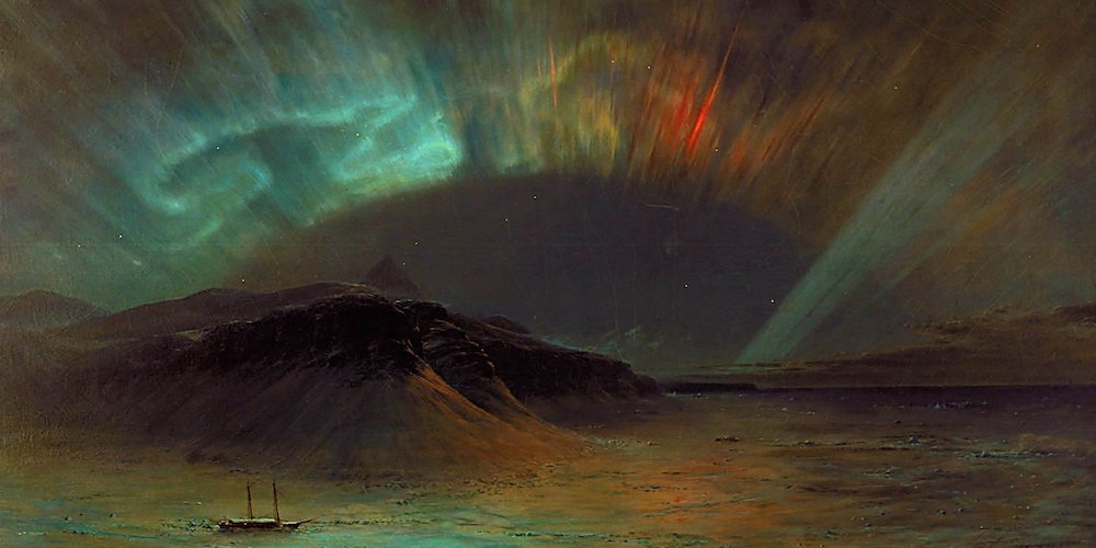 Een schilderij uit 1865 van Frederic Edwin Church waarop duidelijk het noorderlicht te zien is. 