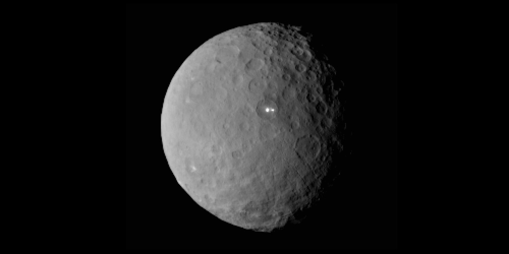 De dwergplaneet Ceres waarop de twee heldere vlekken te zien zijn