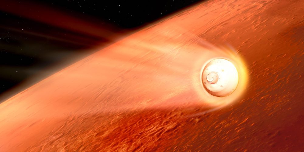 Artistieke impressie van de afdaling van de Marsrover in de Marsatmosfeer.