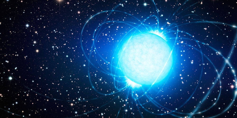 Deze artist’s impression toont de magnetar in de zeer rijke en jonge sterrenhoop Westerlund 1