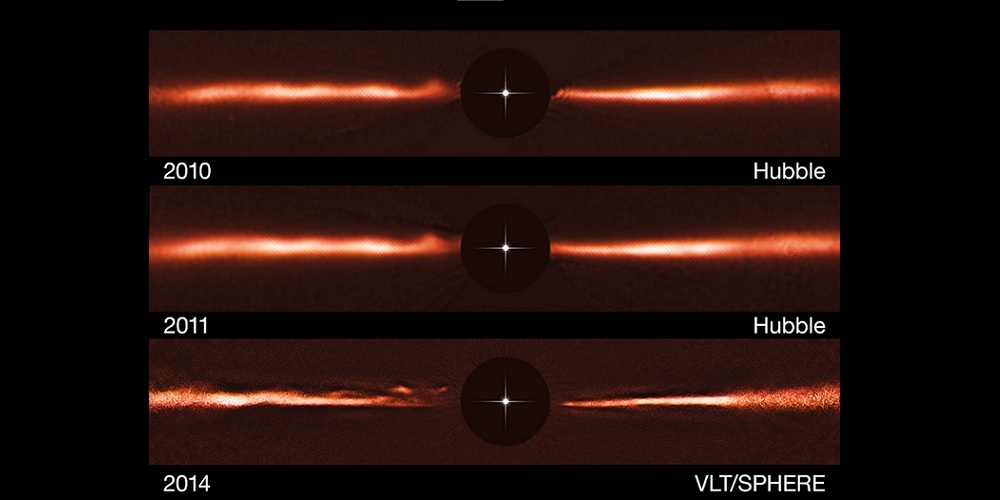 De bovenste rij toont de Hubble-afbeelding van de schijf van AU Mic in 2010. De middelste rij is de Hubble-afbeelding uit 2011. De onderste rij is gebaseerd op de gegevens van VLT/SPHERE uit 2014. De zwarte cirkels in het midden blokkeren het sterlicht zodat de veel zwakkere stofschijf te zien is