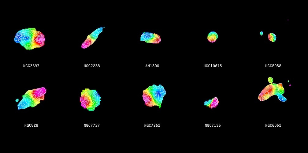 Elk van de kleurrijke objecten op deze afbeelding is het gevolg van een fusie tussen sterrenstelsels. De contouren in de afzonderlijke objecten geven de verdeling van koolstofmonoxide aan, terwijl de kleur de beweging van het gas aangeeft