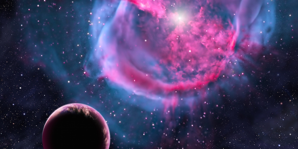Artistieke impressie van een exoplaneet in de buurt van een rode dwergster