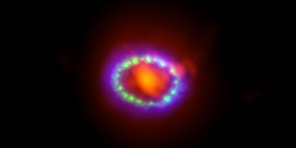 Het restant van supernova 1987A in licht van zeer verschillende golflengten