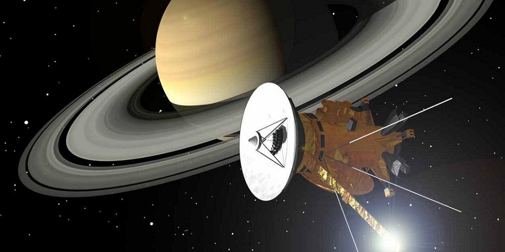Artistieke impressie van de Cassini ruimtesonde in een baan om Saturnus