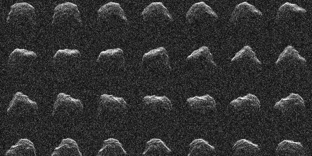 Deze reeks foto's, gemaakt op 22 augustus 2021, laat zien dat asteroïde 2016 AJ193 draait zoals het werd waargenomen door Goldstone's 70 meter lange antenne.
