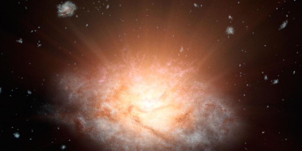 Artistieke impressie van het helderste sterrenstelsel uit het heelal WISE J224607.57-052635.0
