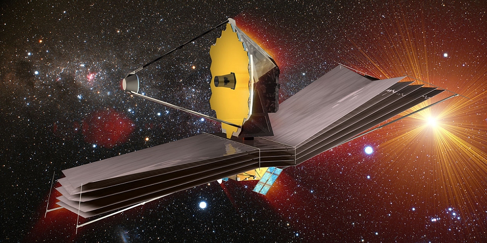 Artistieke impressie van de James Webb Space Telescope in de ruimte