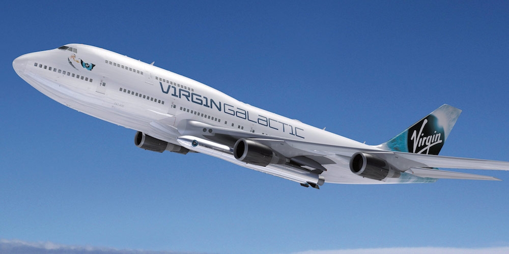Artistieke impressie van de Boeing 747 met onderaan LauncherOne