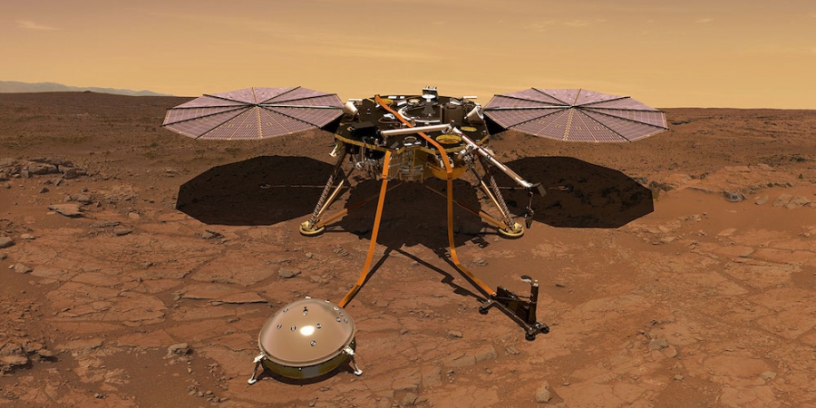 Artistieke impressie van de InSight lander op het oppervlak van Mars.