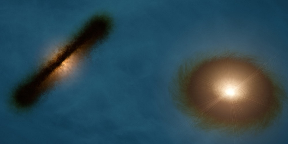 Deze artist’s impression toont de twee planeet-vormende schijven rond de jonge sterren van het dubbelstersysteem HK Tauri, die niet dezelfde oriëntatie hebben