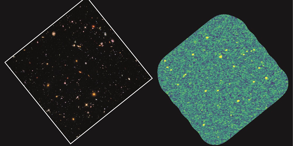 ekst gaat verder onder de afbeelding van de Hubble Space Telescope (links) en van de ALMA-telescopen (rechts) die het stof in de sterrenstelsels van het Hubble Ultra Deep Field tonen.